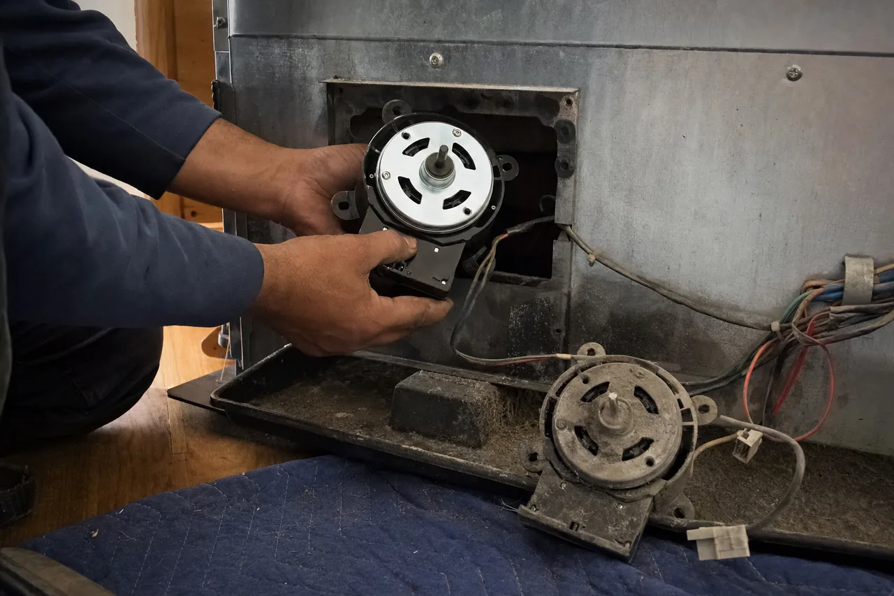 A technician kneeling at an opened service panel with a replacement fan motor in both hands and the failed one on the floor beside him.
