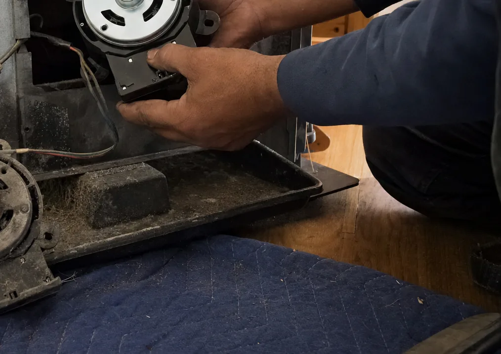 A service panel opened on a sheet-metal cabinet, with parts and a blanket laid out on the floor in front of it.