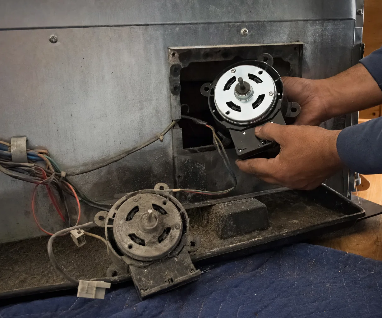Hands lift a new motor toward an open access panel on the back of a refrigeration unit while the dusty old motor and its plug rest in the drip tray.