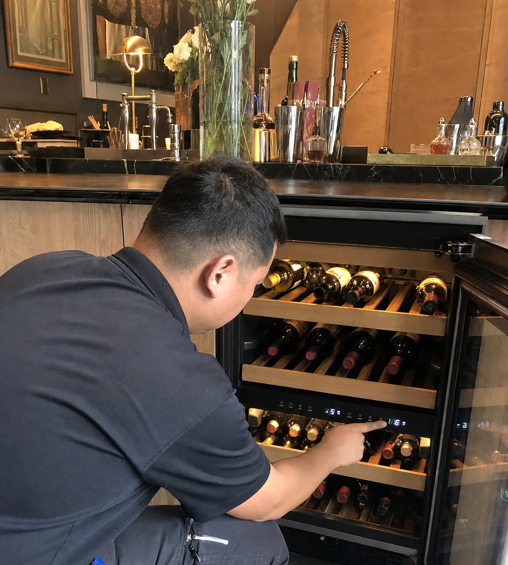 A wine cabinet standing open beneath a home bar, glassware and a mirrored back counter behind it.